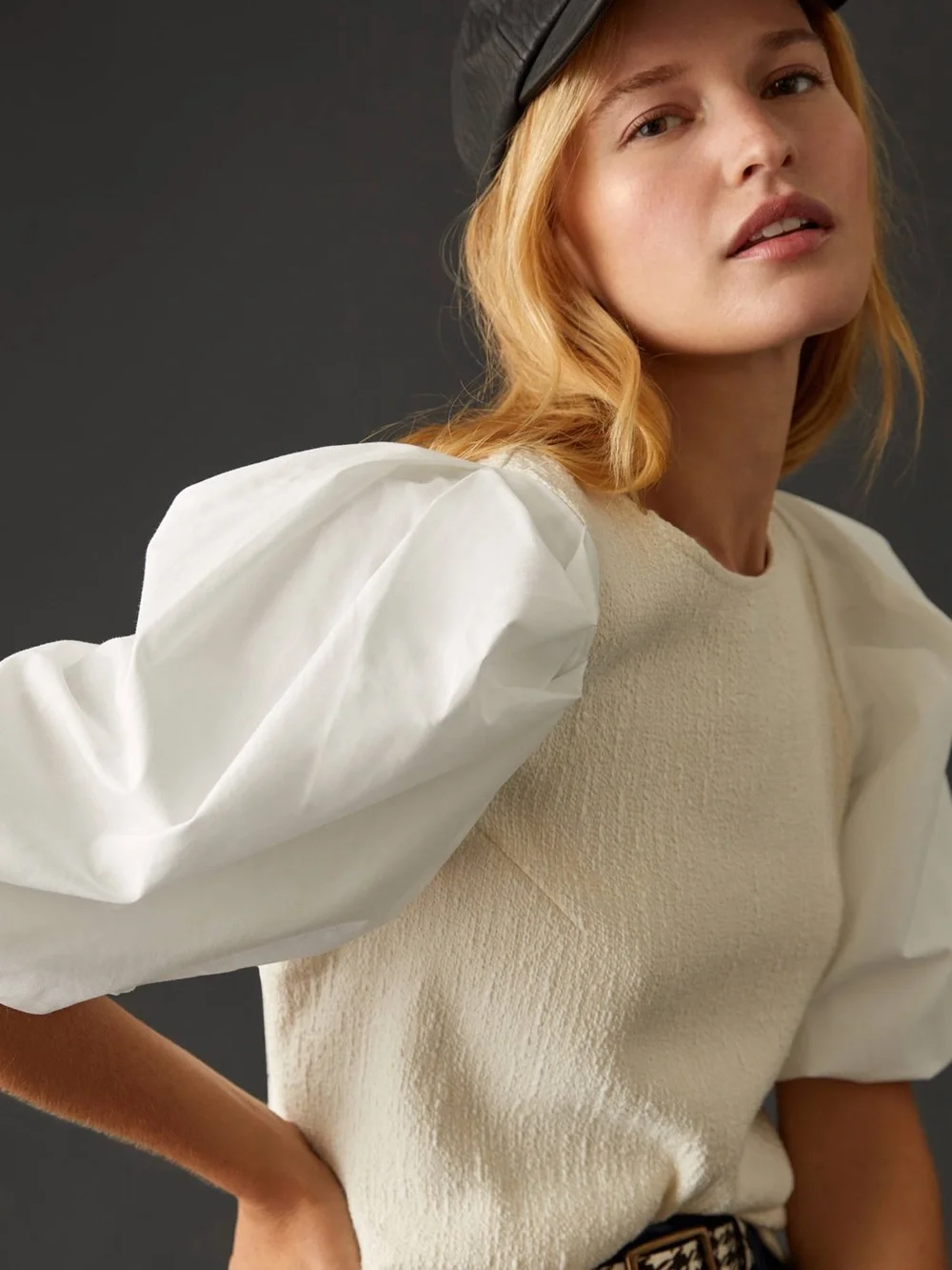 Anthropologie XS Puff Sleeve Knit Top Neutral Boho Preppy Textured Dramatic